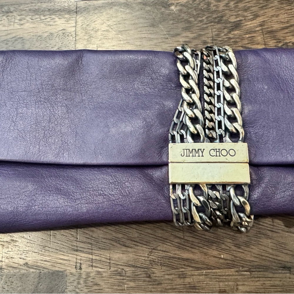 Jimmy Choo Chandra Chain Detail Clutch Bag in Purple Leather